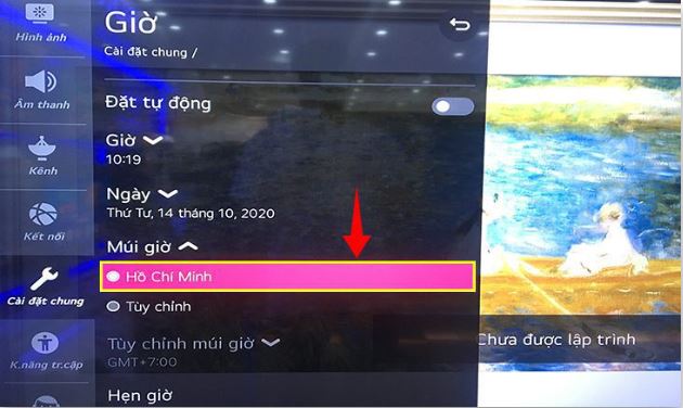 cài đặt thời gian trên tivi LG