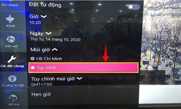 cài đặt thời gian trên tivi LG